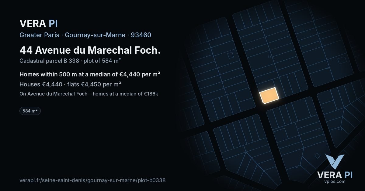 44 Avenue du Marechal Foch, Gournay-sur-Marne at night – the plot lit, the parcels around coloured by the prices near them