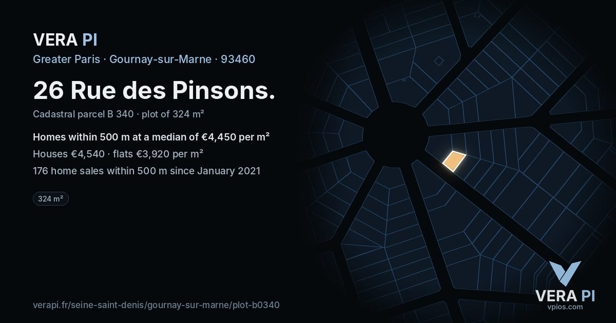 26 Rue des Pinsons, Gournay-sur-Marne at night – the plot lit, the parcels around coloured by the prices near them