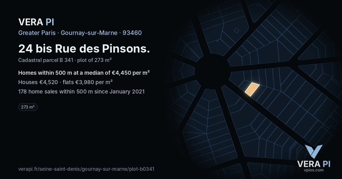 24 bis Rue des Pinsons, Gournay-sur-Marne at night – the plot lit, the parcels around coloured by the prices near them