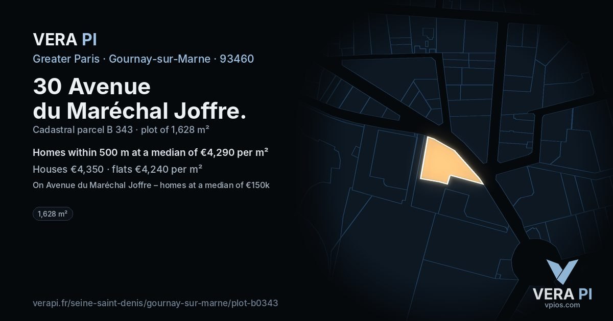 30 Avenue du Maréchal Joffre, Gournay-sur-Marne at night – the plot lit, the parcels around coloured by the prices near them