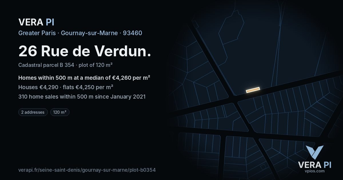 26 Rue de Verdun, Gournay-sur-Marne at night – the plot lit, the parcels around coloured by the prices near them