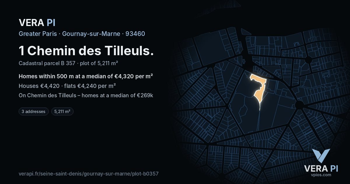 1 Chemin des Tilleuls, Gournay-sur-Marne at night – the plot lit, the parcels around coloured by the prices near them