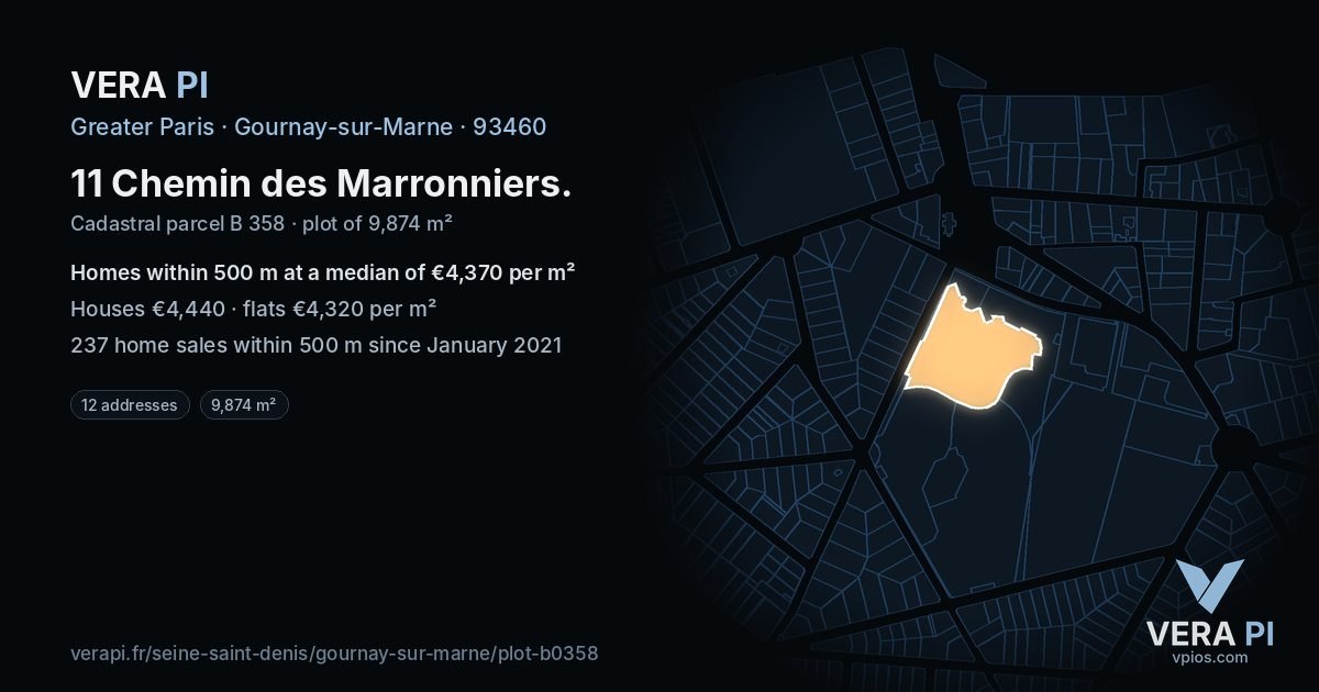 11 Chemin des Marronniers, Gournay-sur-Marne at night – the plot lit, the parcels around coloured by the prices near them