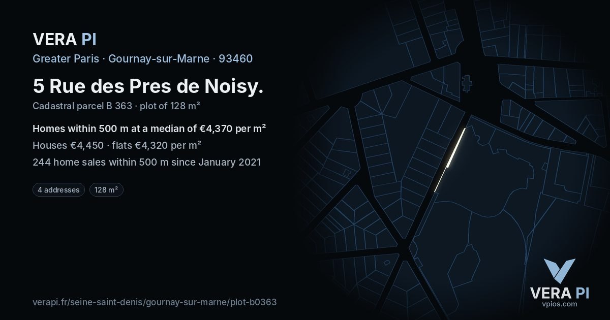 5 Rue des Pres de Noisy, Gournay-sur-Marne at night – the plot lit, the parcels around coloured by the prices near them
