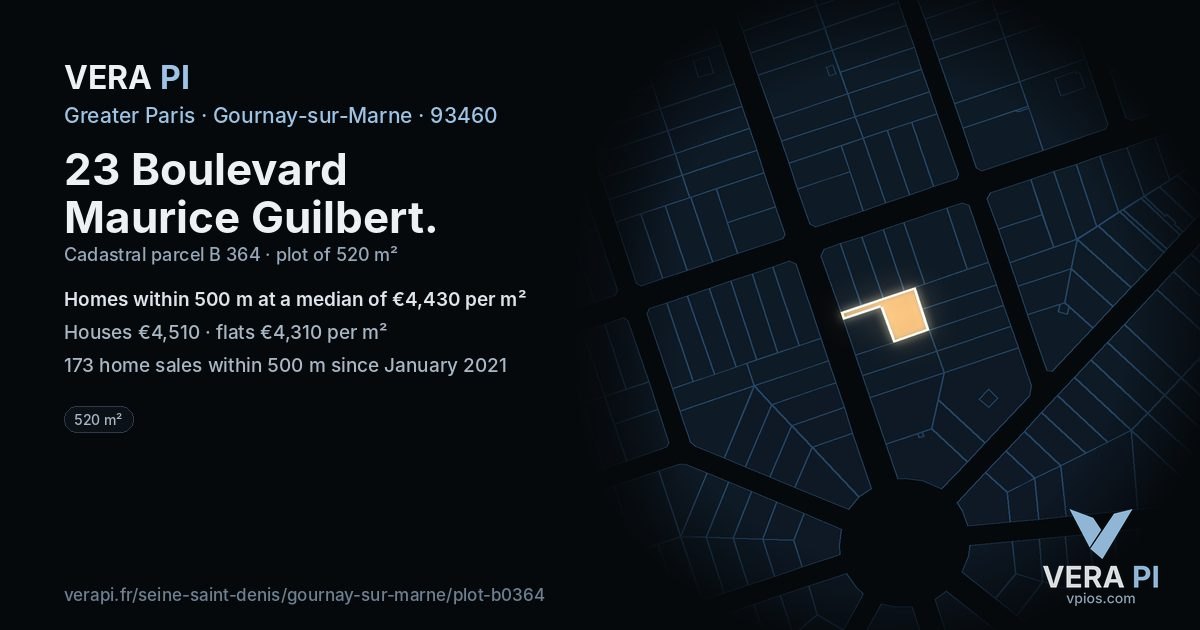 23 Boulevard Maurice Guilbert, Gournay-sur-Marne at night – the plot lit, the parcels around coloured by the prices near them
