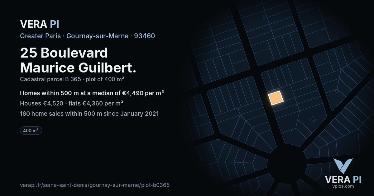 25 Boulevard Maurice Guilbert, Gournay-sur-Marne at night – the plot lit, the parcels around coloured by the prices near them