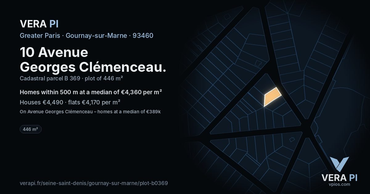 10 Avenue Georges Clémenceau, Gournay-sur-Marne at night – the plot lit, the parcels around coloured by the prices near them