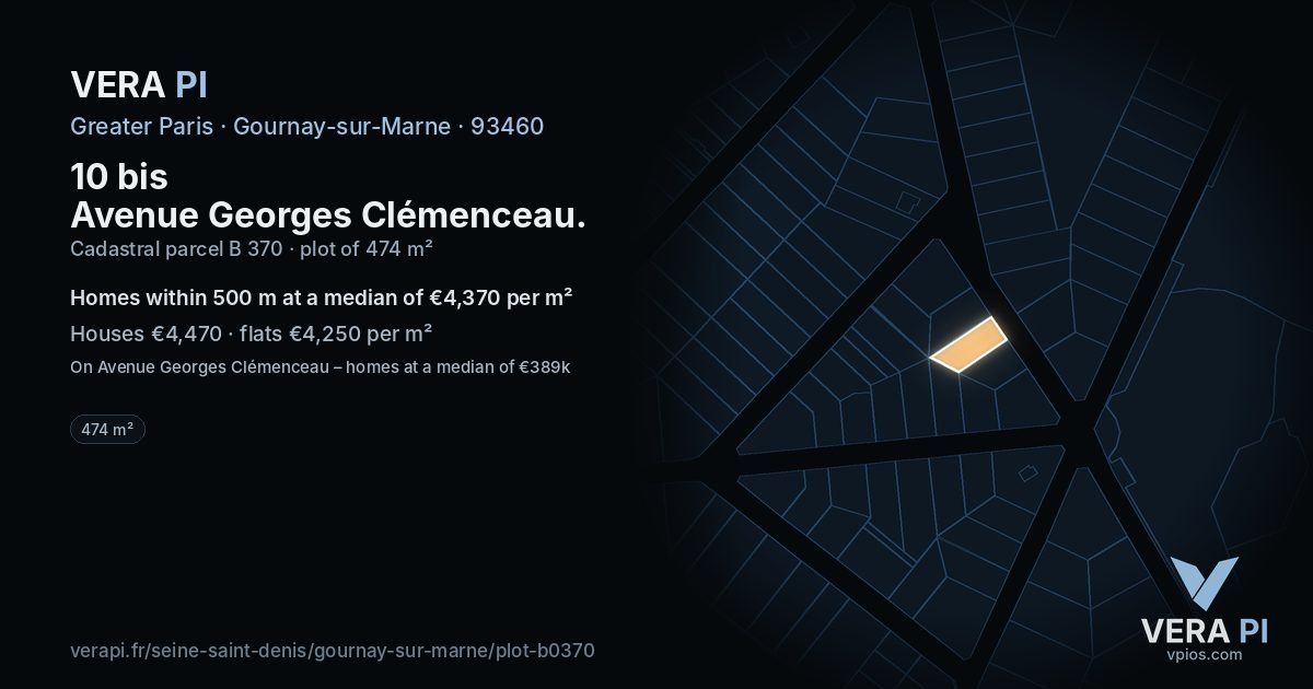 10 bis Avenue Georges Clémenceau, Gournay-sur-Marne at night – the plot lit, the parcels around coloured by the prices near them
