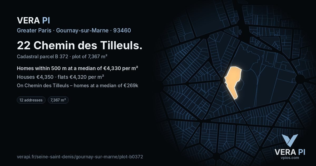 22 Chemin des Tilleuls, Gournay-sur-Marne at night – the plot lit, the parcels around coloured by the prices near them