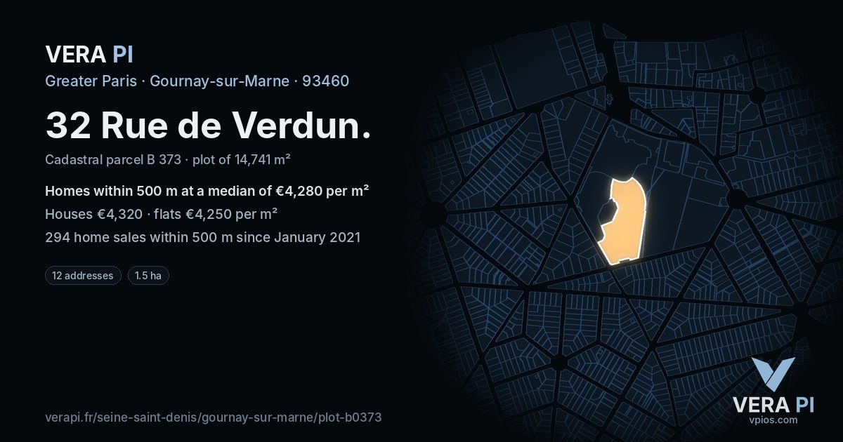 32 Rue de Verdun, Gournay-sur-Marne at night – the plot lit, the parcels around coloured by the prices near them