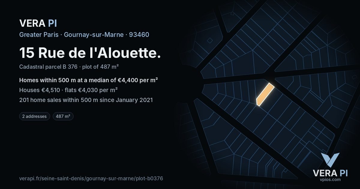 15 Rue de l'Alouette, Gournay-sur-Marne at night – the plot lit, the parcels around coloured by the prices near them