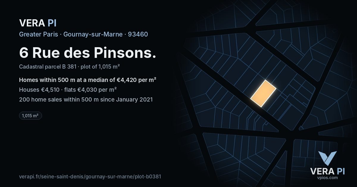 6 Rue des Pinsons, Gournay-sur-Marne at night – the plot lit, the parcels around coloured by the prices near them