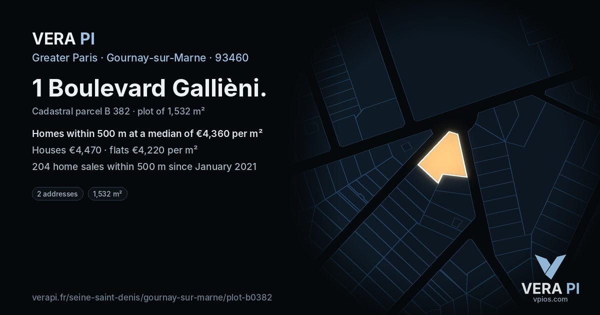 1 Boulevard Gallièni, Gournay-sur-Marne at night – the plot lit, the parcels around coloured by the prices near them