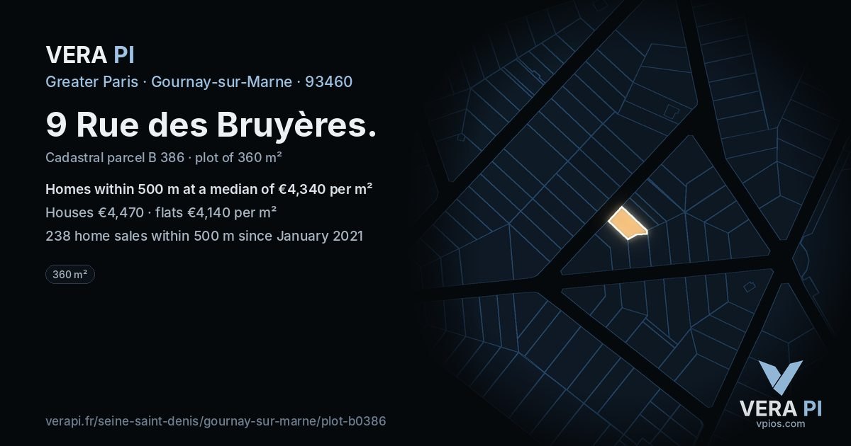 9 Rue des Bruyères, Gournay-sur-Marne at night – the plot lit, the parcels around coloured by the prices near them