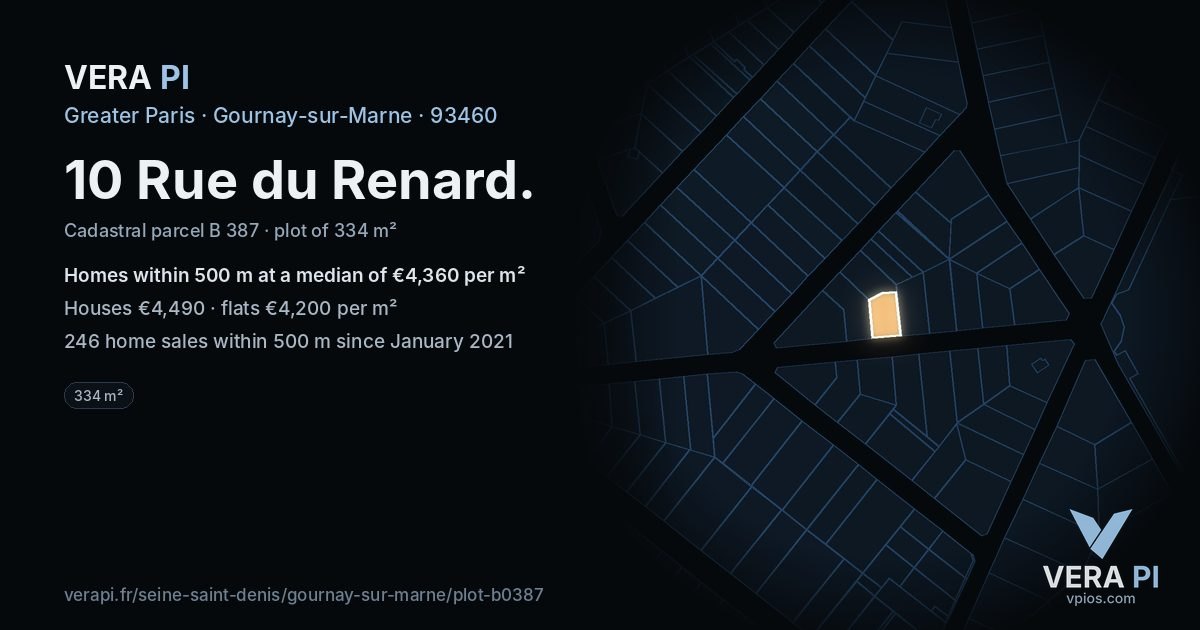 10 Rue du Renard, Gournay-sur-Marne at night – the plot lit, the parcels around coloured by the prices near them