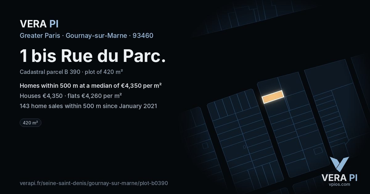 1 bis Rue du Parc, Gournay-sur-Marne at night – the plot lit, the parcels around coloured by the prices near them
