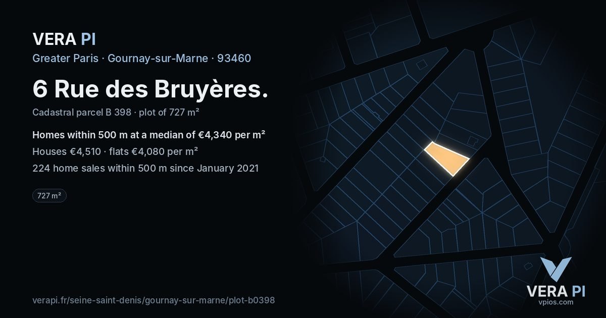 6 Rue des Bruyères, Gournay-sur-Marne at night – the plot lit, the parcels around coloured by the prices near them