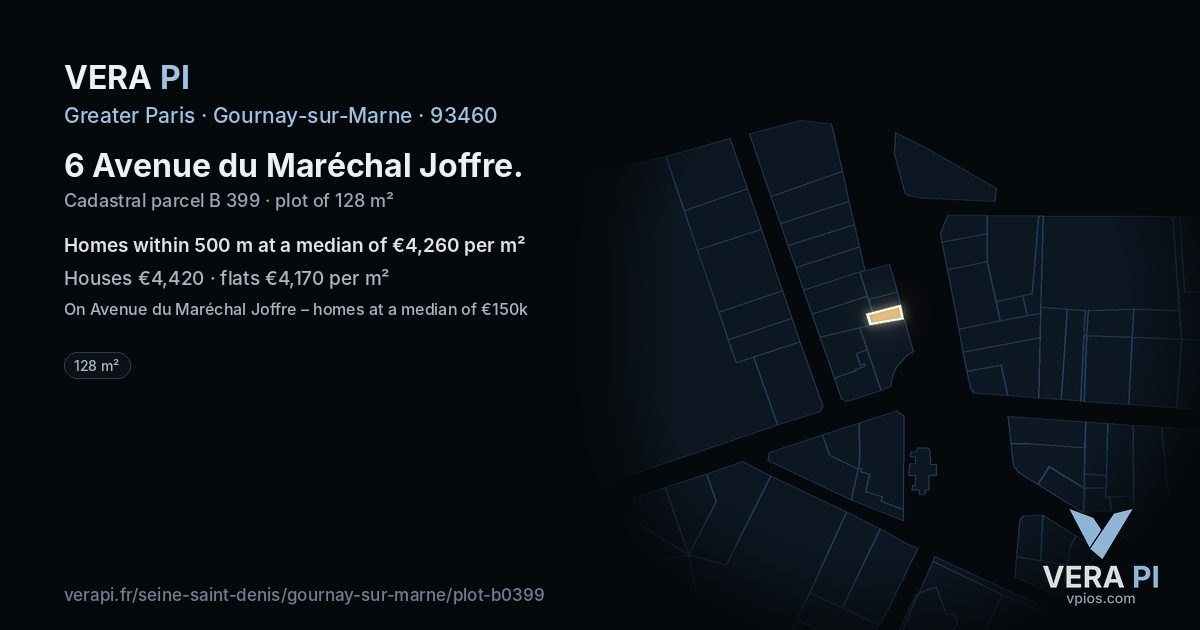 6 Avenue du Maréchal Joffre, Gournay-sur-Marne at night – the plot lit, the parcels around coloured by the prices near them