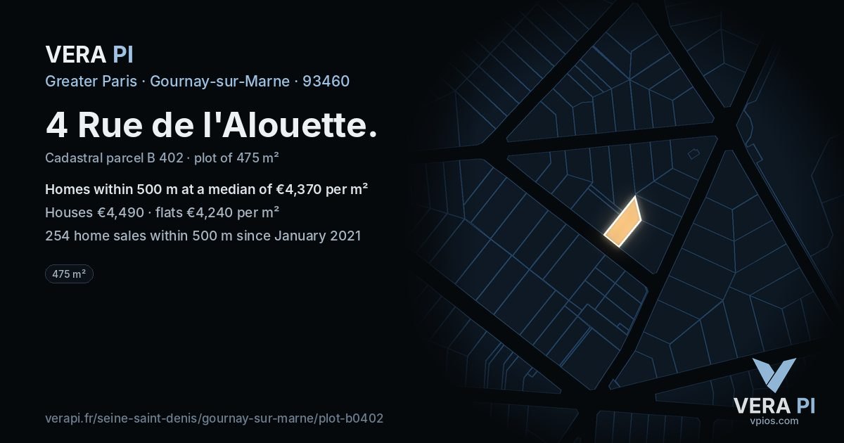 4 Rue de l'Alouette, Gournay-sur-Marne at night – the plot lit, the parcels around coloured by the prices near them