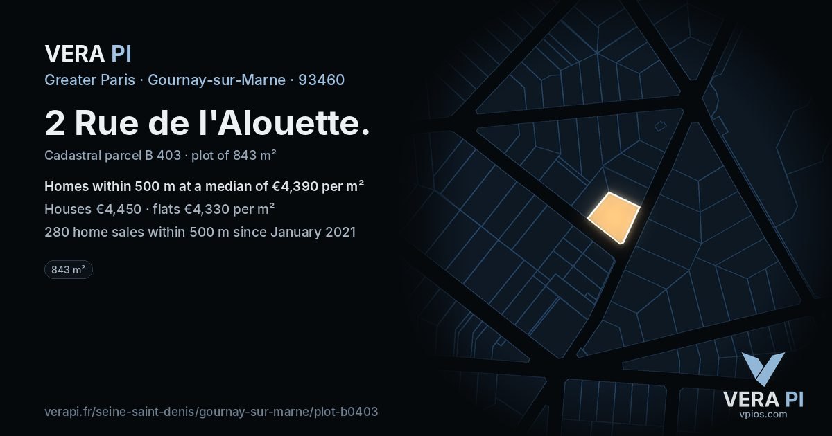 2 Rue de l'Alouette, Gournay-sur-Marne at night – the plot lit, the parcels around coloured by the prices near them