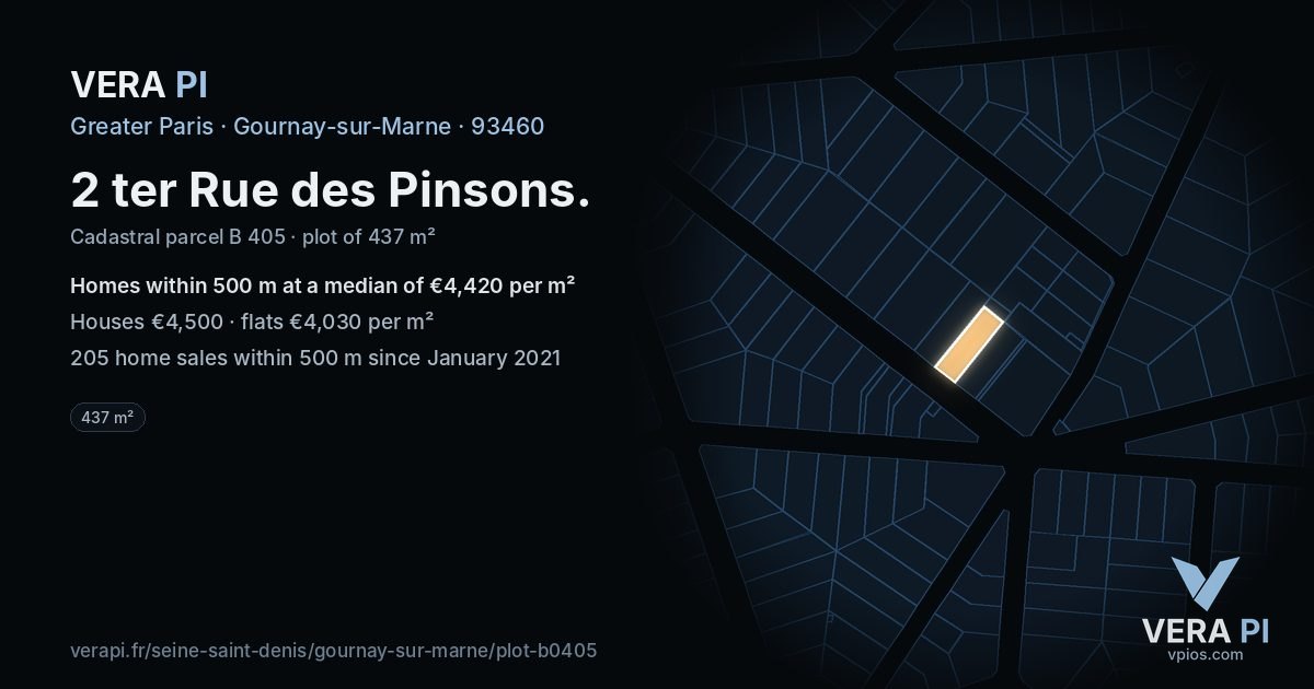 2 ter Rue des Pinsons, Gournay-sur-Marne at night – the plot lit, the parcels around coloured by the prices near them