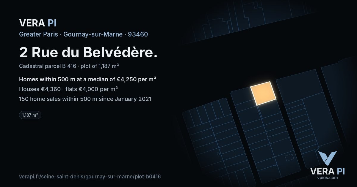 2 Rue du Belvédère, Gournay-sur-Marne at night – the plot lit, the parcels around coloured by the prices near them