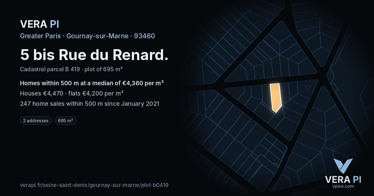 5 bis Rue du Renard, Gournay-sur-Marne at night – the plot lit, the parcels around coloured by the prices near them