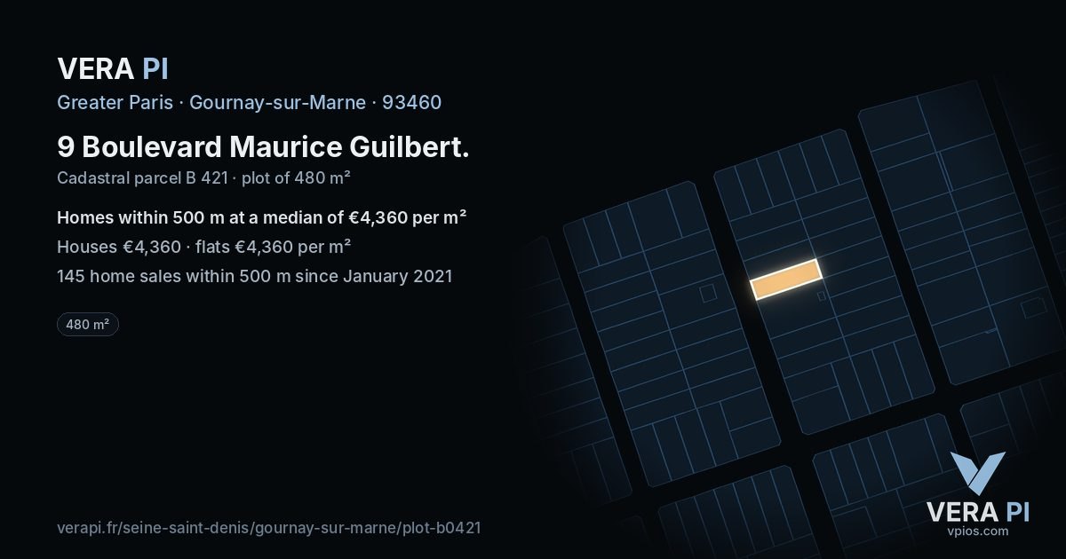 9 Boulevard Maurice Guilbert, Gournay-sur-Marne at night – the plot lit, the parcels around coloured by the prices near them