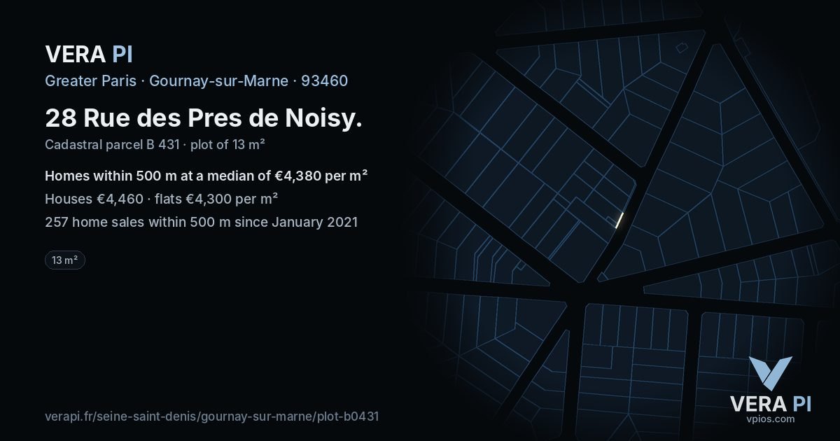 28 Rue des Pres de Noisy, Gournay-sur-Marne at night – the plot lit, the parcels around coloured by the prices near them