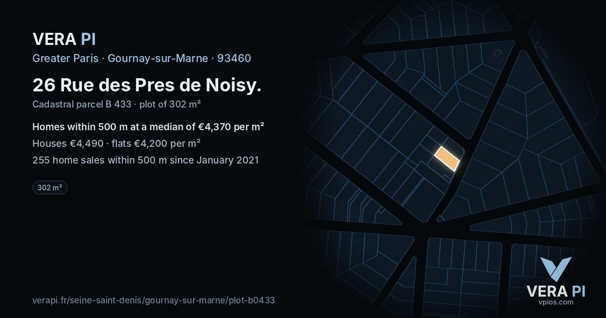 26 Rue des Pres de Noisy, Gournay-sur-Marne at night – the plot lit, the parcels around coloured by the prices near them