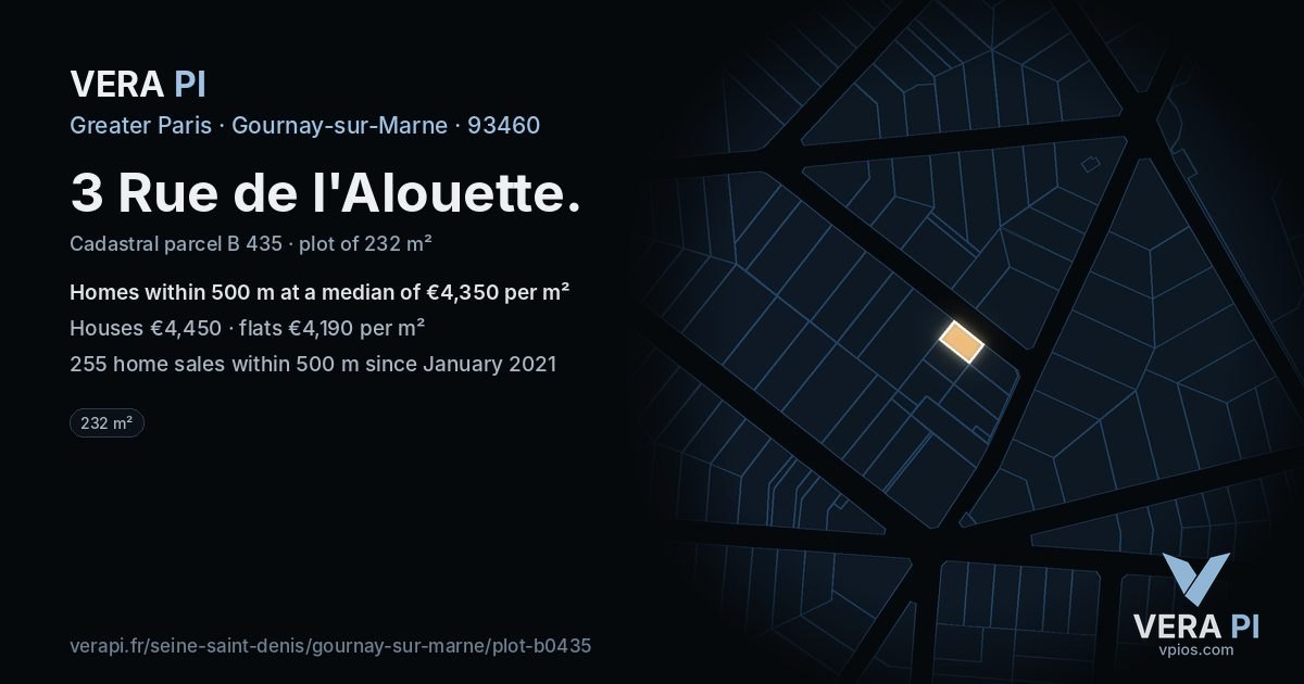 3 Rue de l'Alouette, Gournay-sur-Marne at night – the plot lit, the parcels around coloured by the prices near them