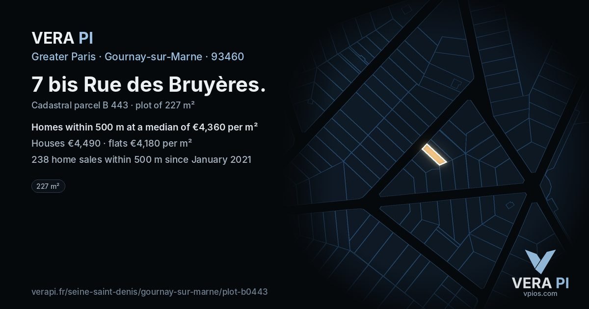 7 bis Rue des Bruyères, Gournay-sur-Marne at night – the plot lit, the parcels around coloured by the prices near them