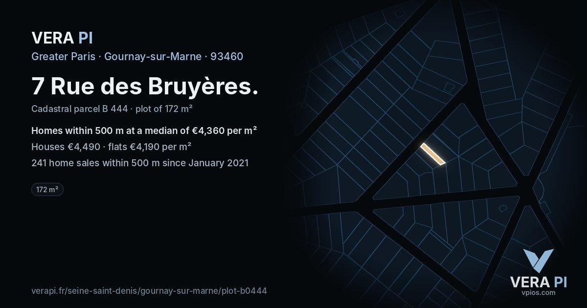 7 Rue des Bruyères, Gournay-sur-Marne at night – the plot lit, the parcels around coloured by the prices near them