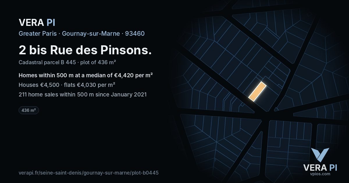 2 bis Rue des Pinsons, Gournay-sur-Marne at night – the plot lit, the parcels around coloured by the prices near them