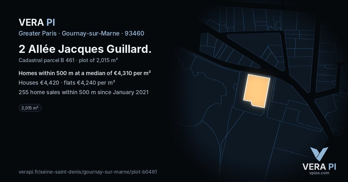 2 Allée Jacques Guillard, Gournay-sur-Marne at night – the plot lit, the parcels around coloured by the prices near them