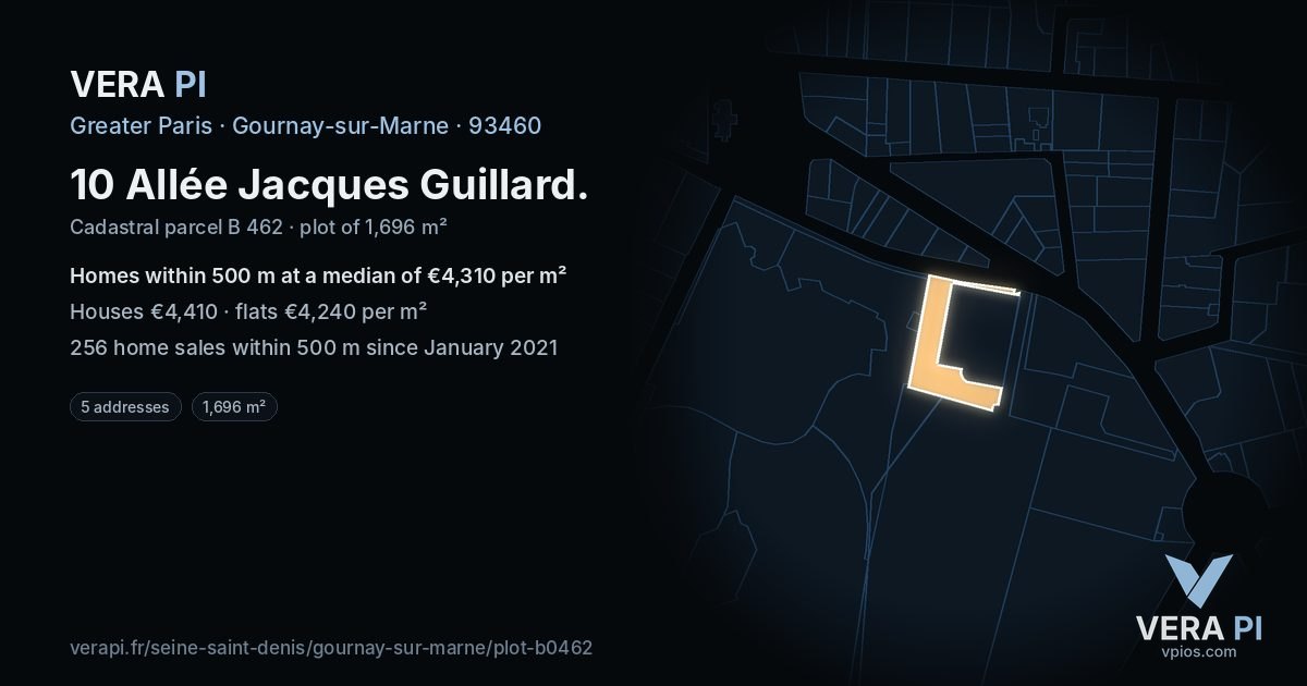 10 Allée Jacques Guillard, Gournay-sur-Marne at night – the plot lit, the parcels around coloured by the prices near them