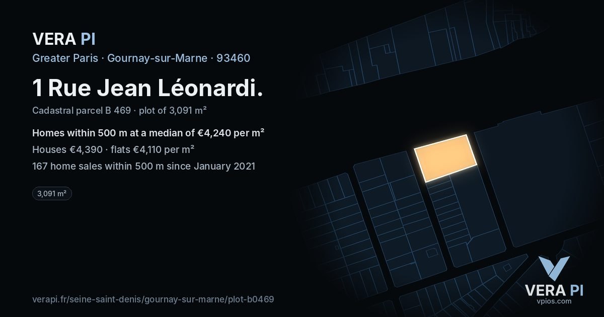 1 Rue Jean Léonardi, Gournay-sur-Marne at night – the plot lit, the parcels around coloured by the prices near them