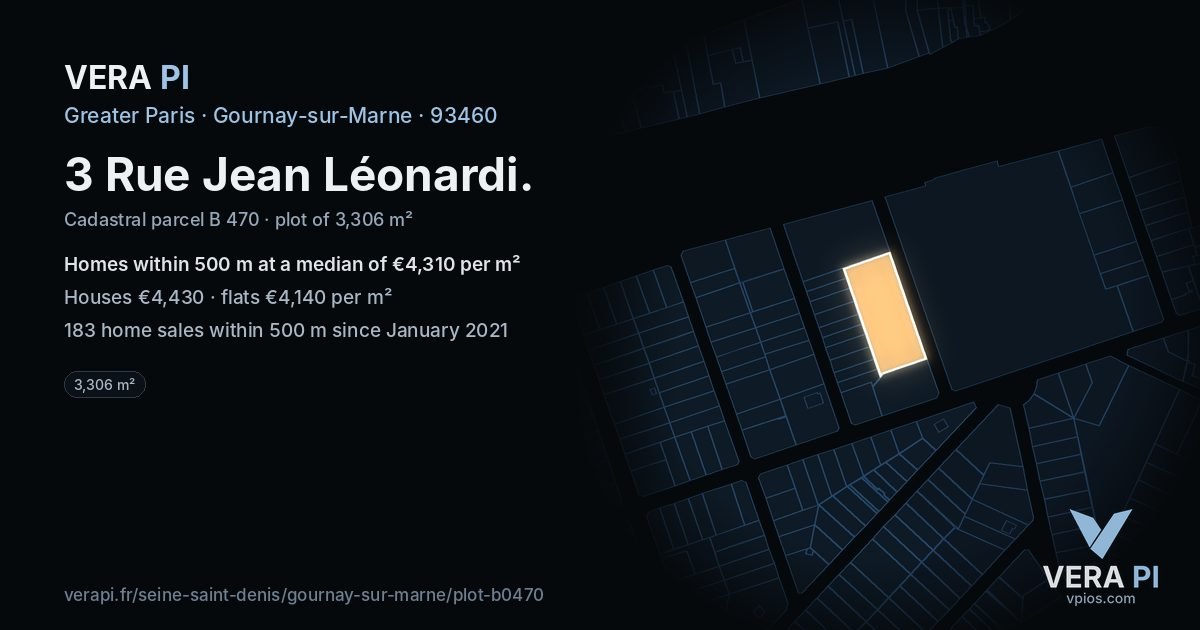 3 Rue Jean Léonardi, Gournay-sur-Marne at night – the plot lit, the parcels around coloured by the prices near them