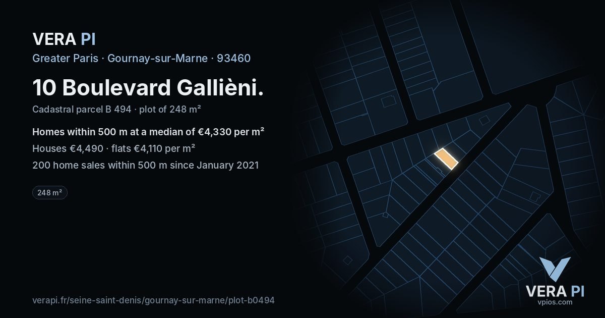 10 Boulevard Gallièni, Gournay-sur-Marne at night – the plot lit, the parcels around coloured by the prices near them