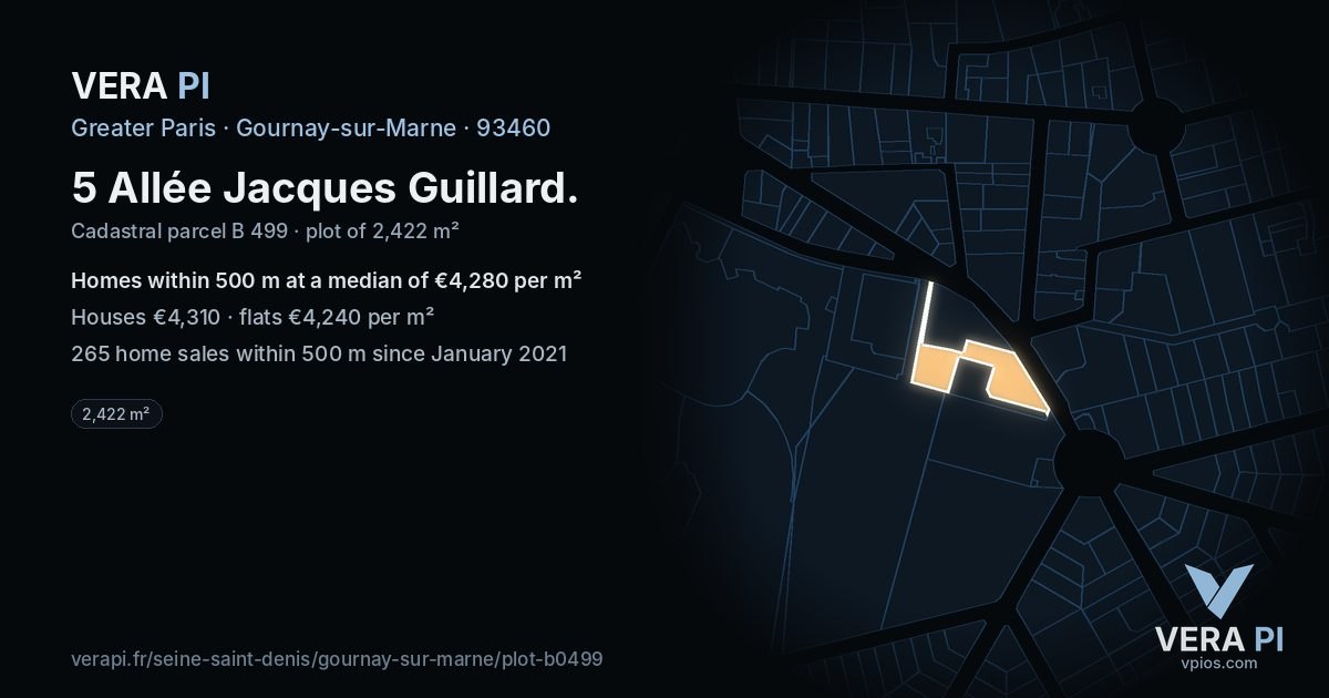 5 Allée Jacques Guillard, Gournay-sur-Marne at night – the plot lit, the parcels around coloured by the prices near them