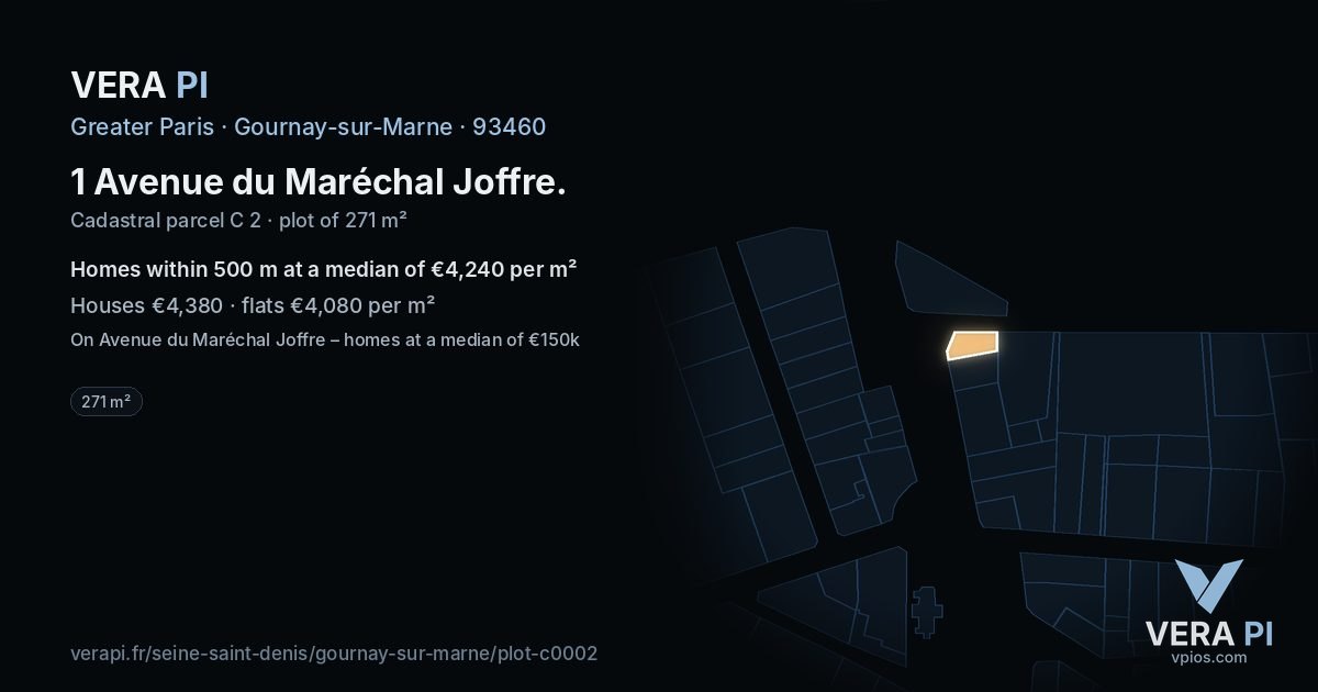 1 Avenue du Maréchal Joffre, Gournay-sur-Marne at night – the plot lit, the parcels around coloured by the prices near them