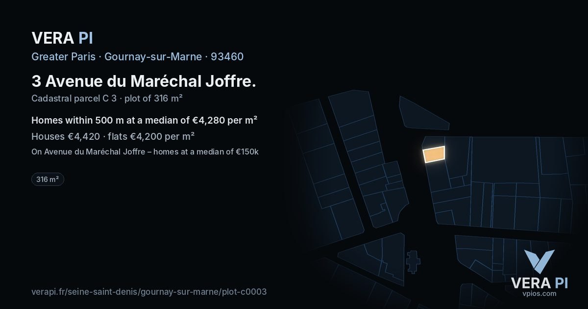 3 Avenue du Maréchal Joffre, Gournay-sur-Marne at night – the plot lit, the parcels around coloured by the prices near them