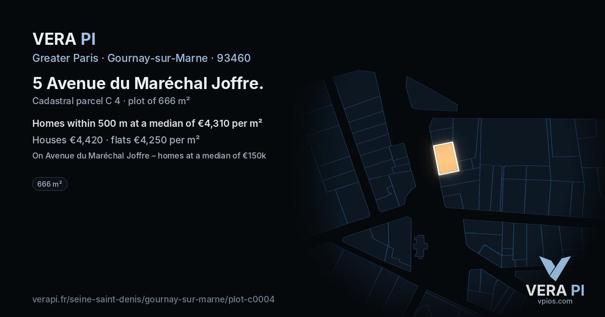 5 Avenue du Maréchal Joffre, Gournay-sur-Marne at night – the plot lit, the parcels around coloured by the prices near them