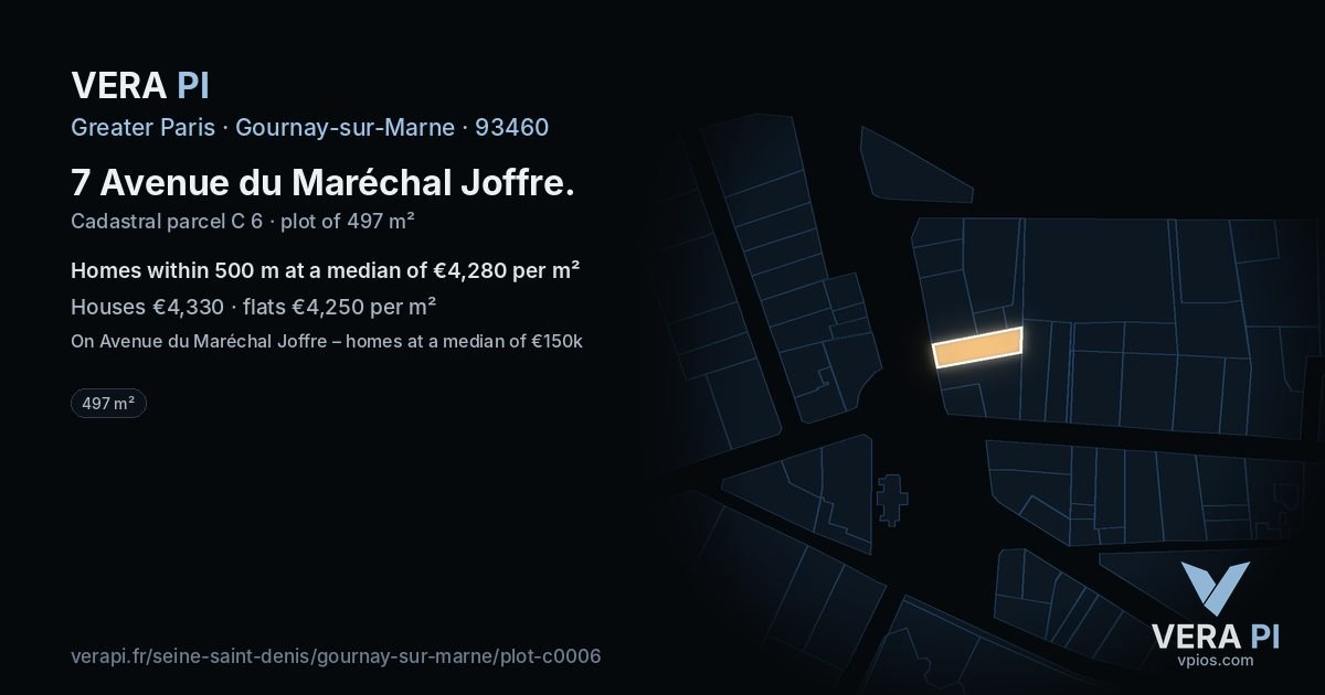 7 Avenue du Maréchal Joffre, Gournay-sur-Marne at night – the plot lit, the parcels around coloured by the prices near them