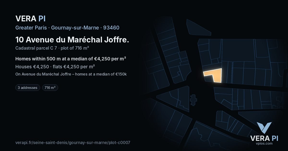10 Avenue du Maréchal Joffre, Gournay-sur-Marne at night – the plot lit, the parcels around coloured by the prices near them