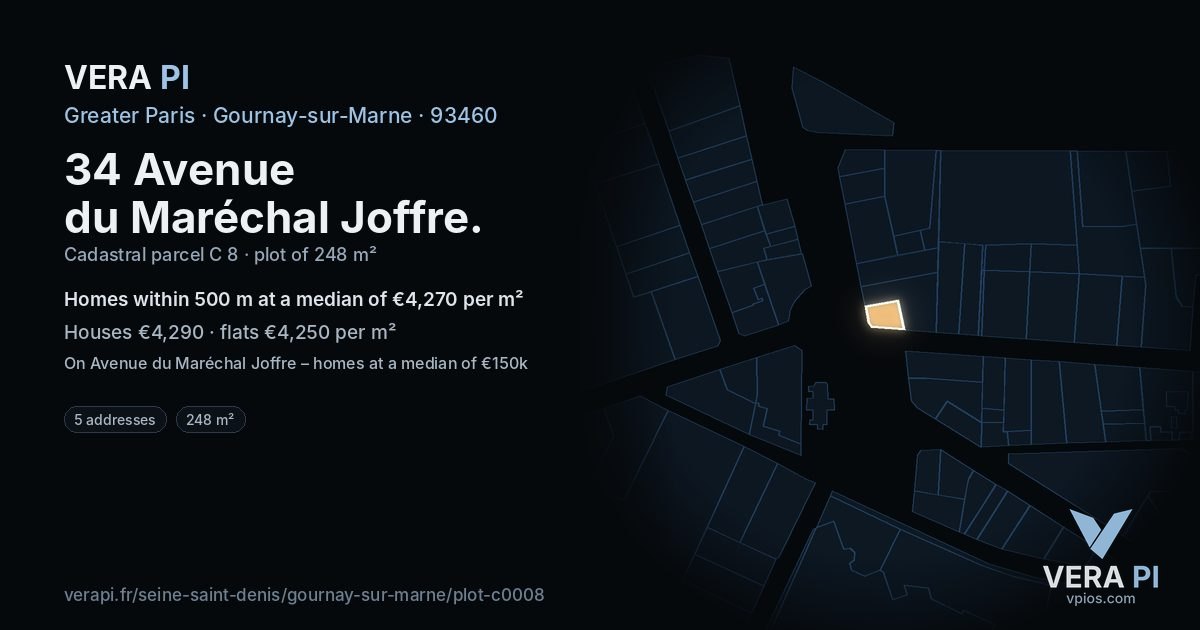 34 Avenue du Maréchal Joffre, Gournay-sur-Marne at night – the plot lit, the parcels around coloured by the prices near them