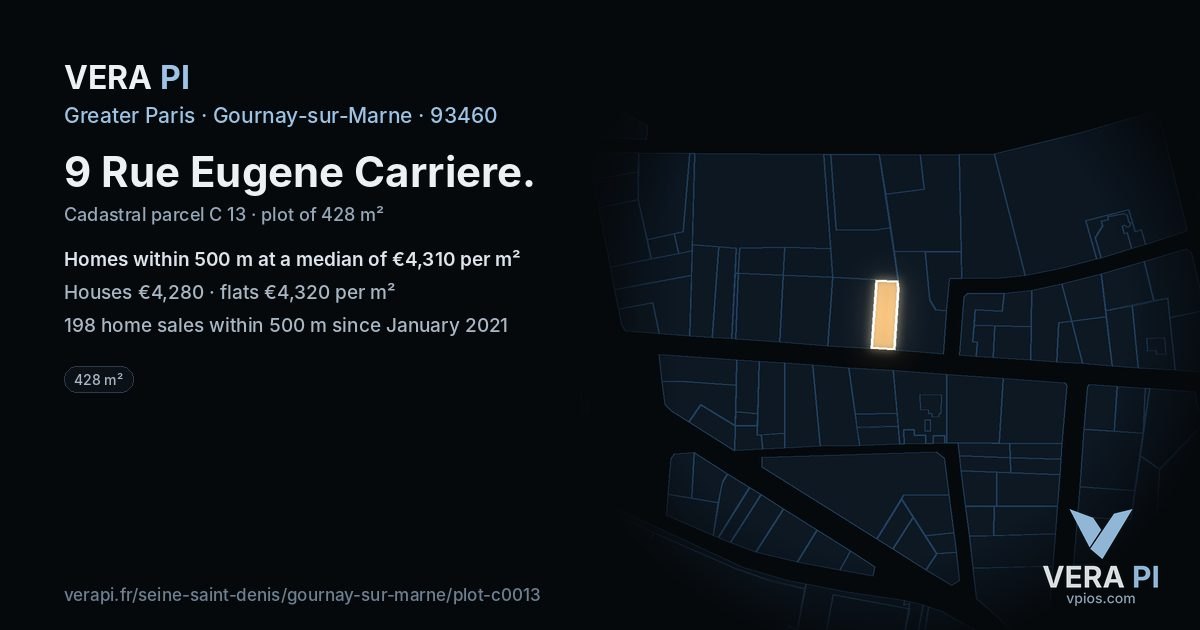 9 Rue Eugene Carriere, Gournay-sur-Marne at night – the plot lit, the parcels around coloured by the prices near them