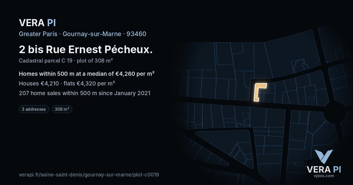 2 bis Rue Ernest Pécheux, Gournay-sur-Marne at night – the plot lit, the parcels around coloured by the prices near them
