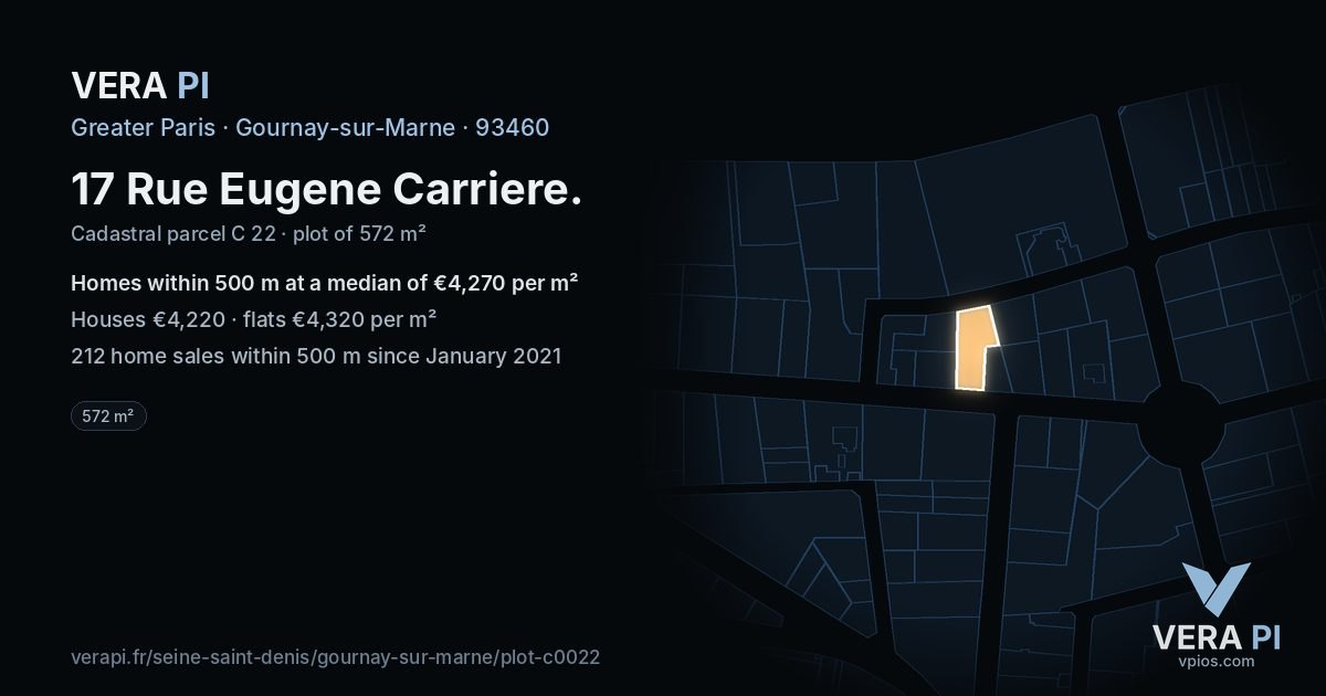 17 Rue Eugene Carriere, Gournay-sur-Marne at night – the plot lit, the parcels around coloured by the prices near them