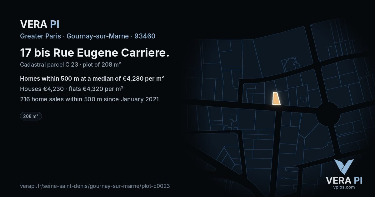 17 bis Rue Eugene Carriere, Gournay-sur-Marne at night – the plot lit, the parcels around coloured by the prices near them